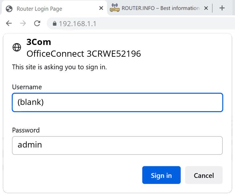 Admin login info (user and password) for 3Com OfficeConnect 3CRWE52196