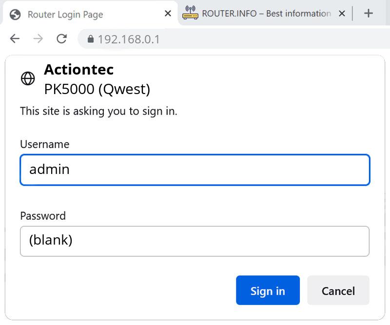 Admin login info (user and password) for Actiontec PK5000 (Qwest)