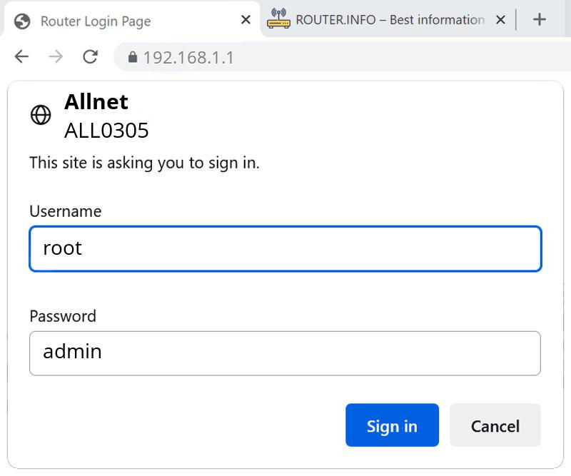 Admin login info (user and password) for Allnet ALL0305