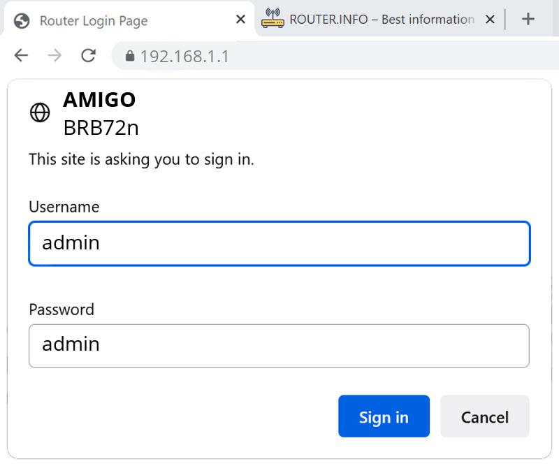 Admin login info (user and password) for Amigo BRB72n