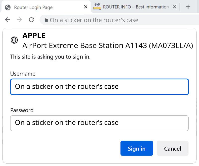 Admin login info (user and password) for Apple AirPort Extreme Base Station A1143 (MA073LL/A)