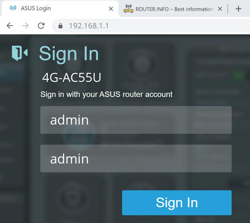 Admin login info (user and password) for ASUS 4G-AC55U