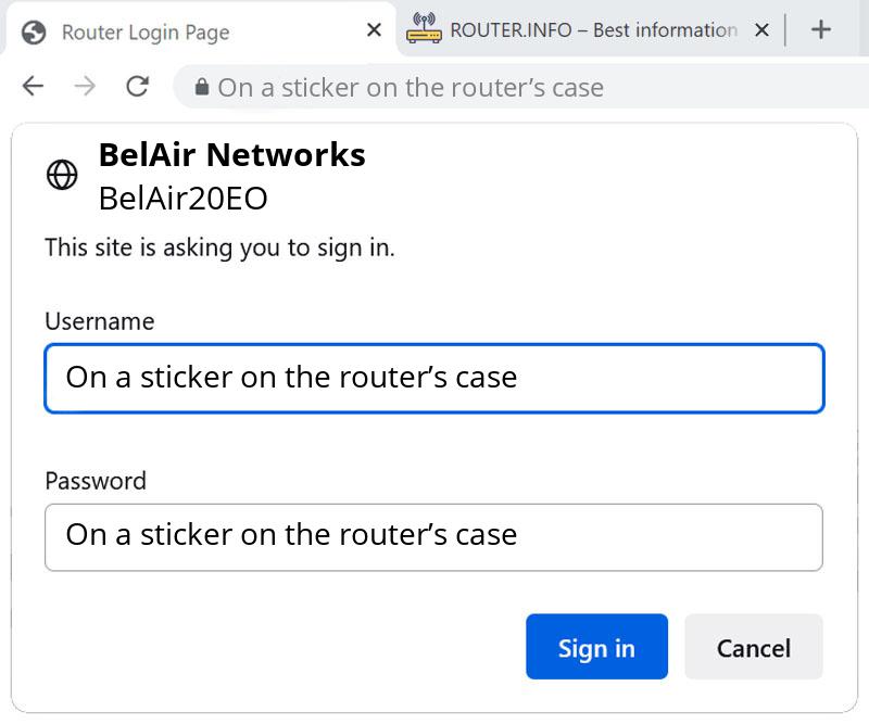 Admin login info (user and password) for BelAir Networks BelAir20EO