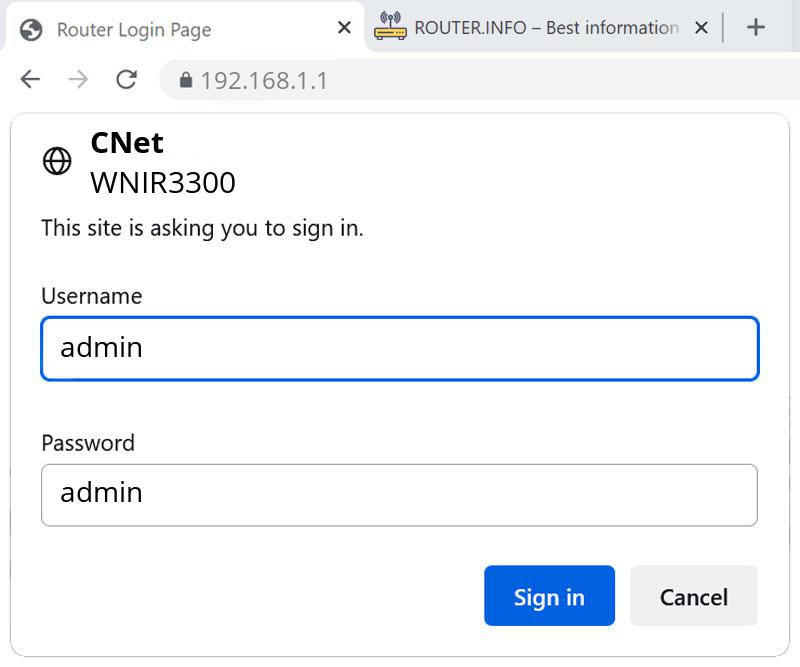 Admin login info (user and password) for CNet WNIR3300