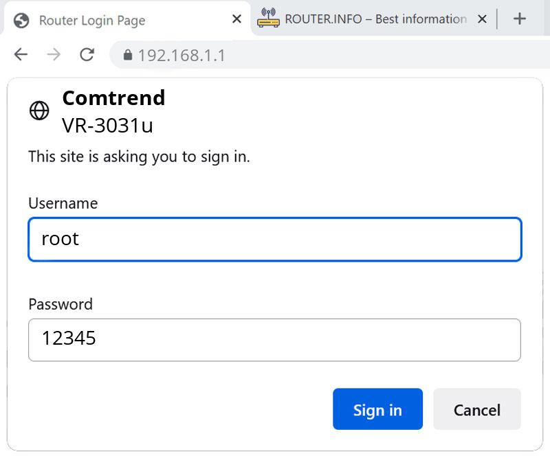 Admin login info (user and password) for Comtrend VR-3031u
