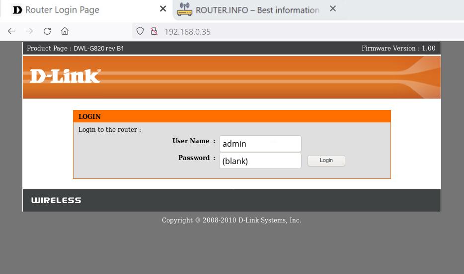 Admin login info (user and password) for D-Link DWL-G820 rev B1