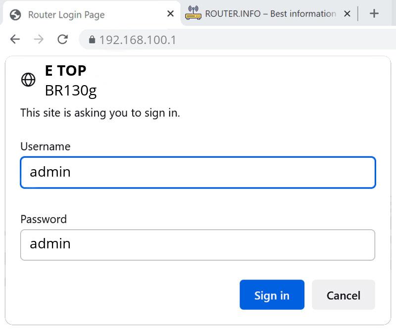 Admin login info (user and password) for E-TOP BR130g