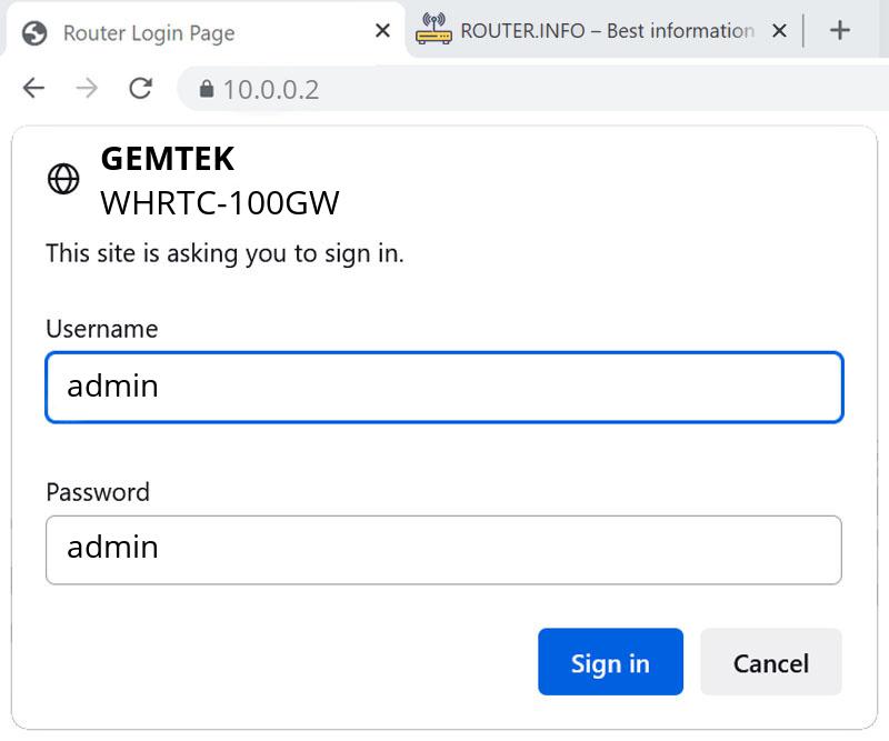 Admin login info (user and password) for Gemtek WHRTC-100GW
