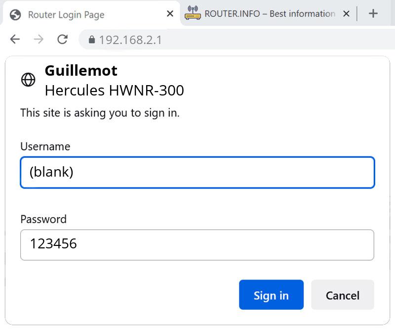 Admin login info (user and password) for Guillemot Hercules HWNR-300