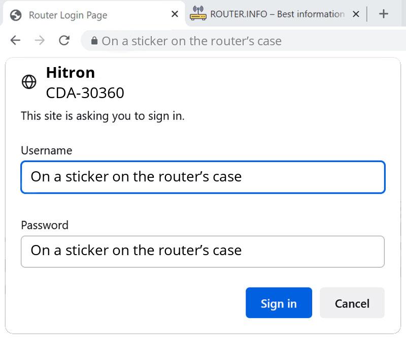 Admin login info (user and password) for Hitron CDA-30360