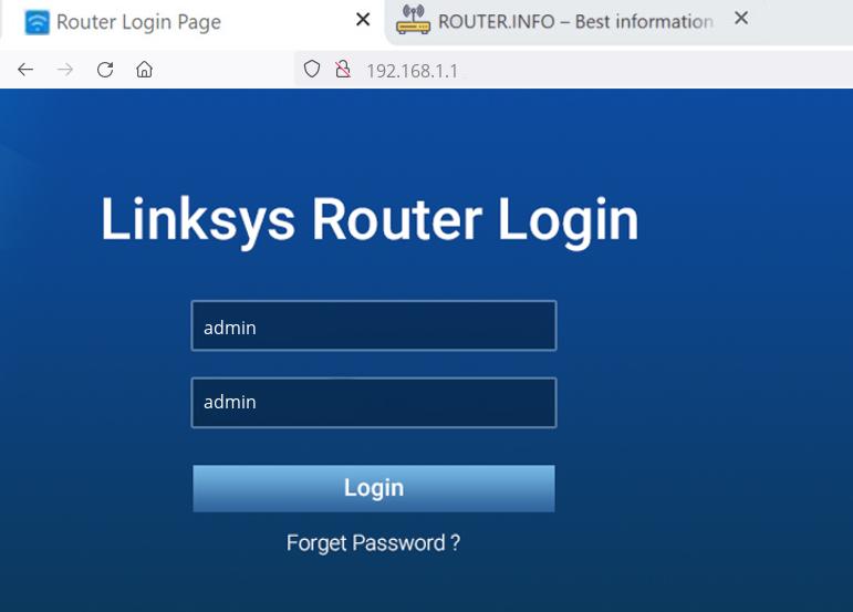 Admin login info (user and password) for Linksys E2000