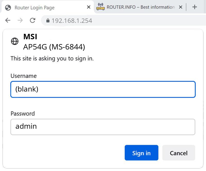 Admin login info (user and password) for MSI AP54G (MS-6844)