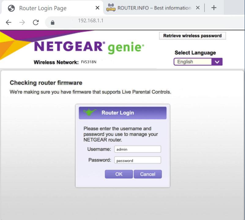 Admin login info (user and password) for Netgear FVS318N