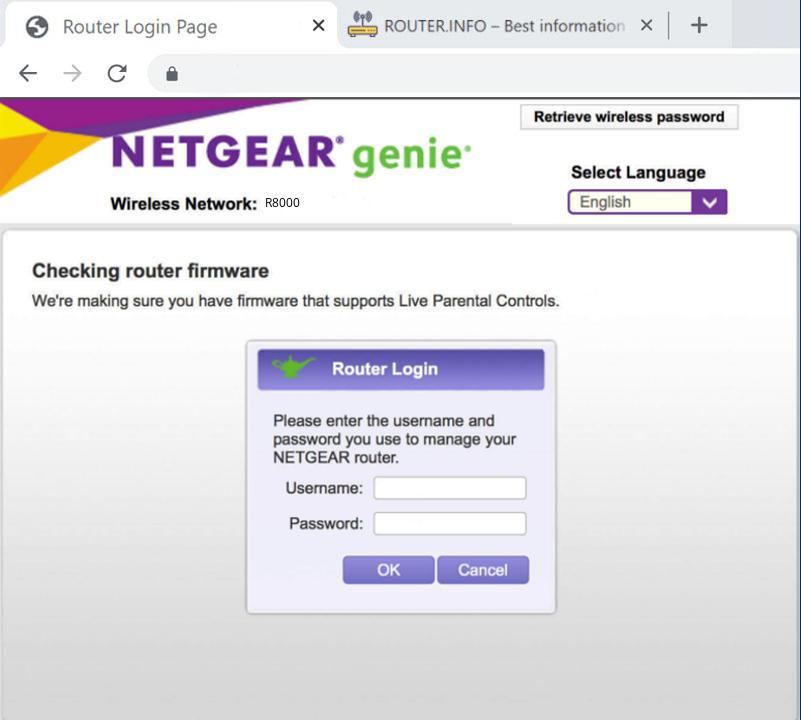 Admin login info (user and password) for Netgear R8000