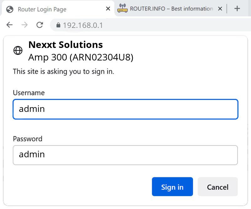 Admin login info (user and password) for Nexxt Solutions Amp 300 (ARN02304U8)
