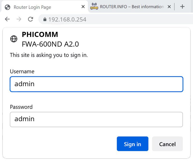 Admin login info (user and password) for PHICOMM FWA-600ND A2.0