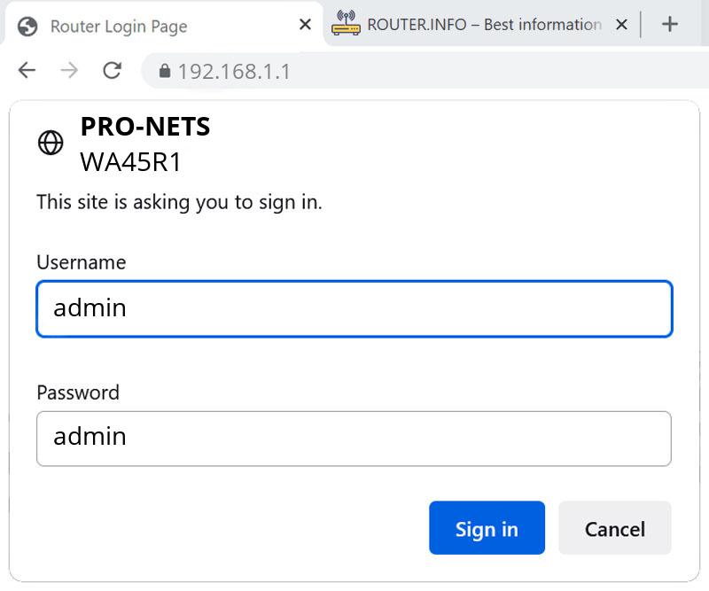 Admin login info (user and password) for PRO-NETS WA45R1