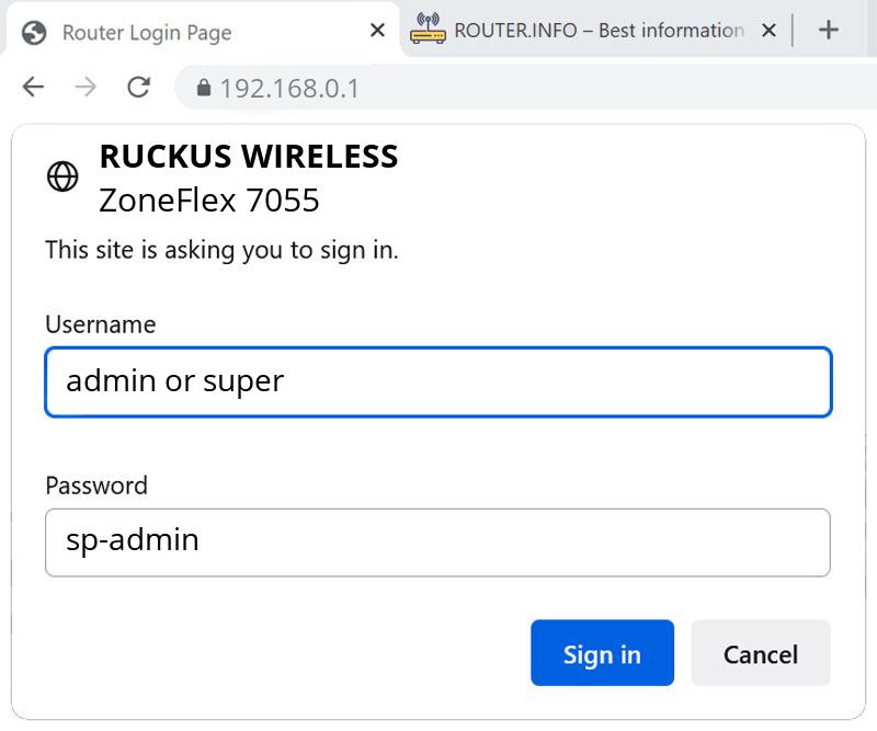 Admin login info (user and password) for Ruckus Wireless ZoneFlex 7055