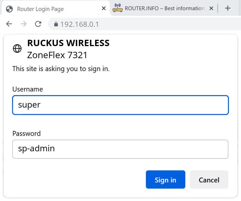 Admin login info (user and password) for Ruckus Wireless ZoneFlex 7321