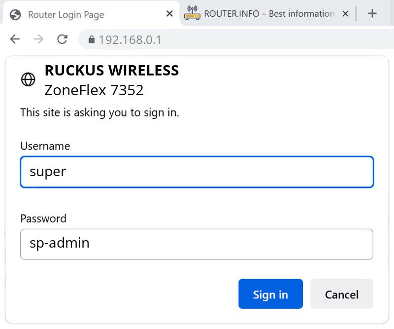 Admin login info (user and password) for Ruckus Wireless ZoneFlex 7352