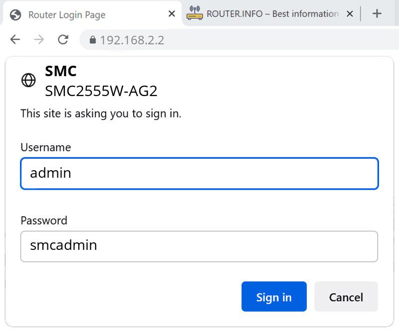 Admin login info (user and password) for SMC SMC2555W-AG2