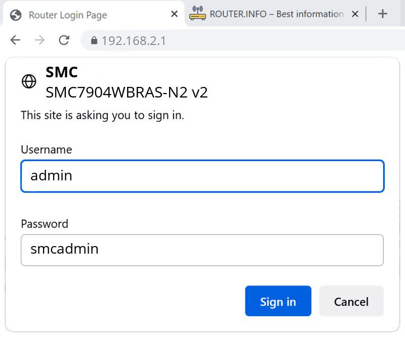 Admin login info (user and password) for SMC SMC7904WBRAS-N2 v2