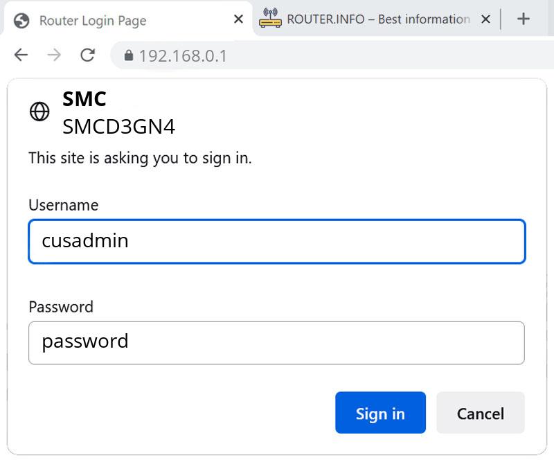 Admin login info (user and password) for SMC SMCD3GN4