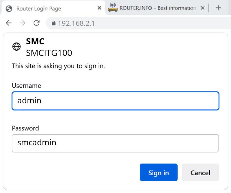 Admin login info (user and password) for SMC SMCITG100
