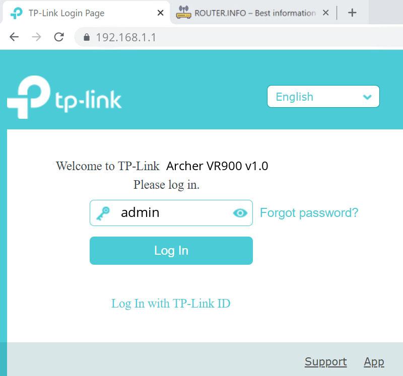 Admin login info (user and password) for TP-LINK Archer VR900 v1.0