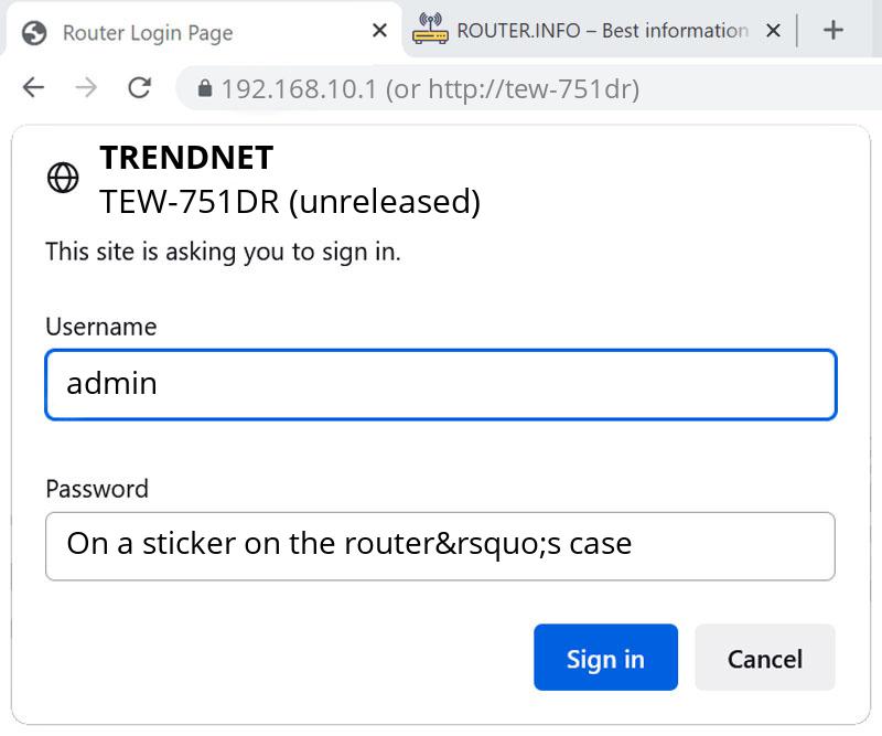 Admin login info (user and password) for TRENDnet TEW-751DR (unreleased)