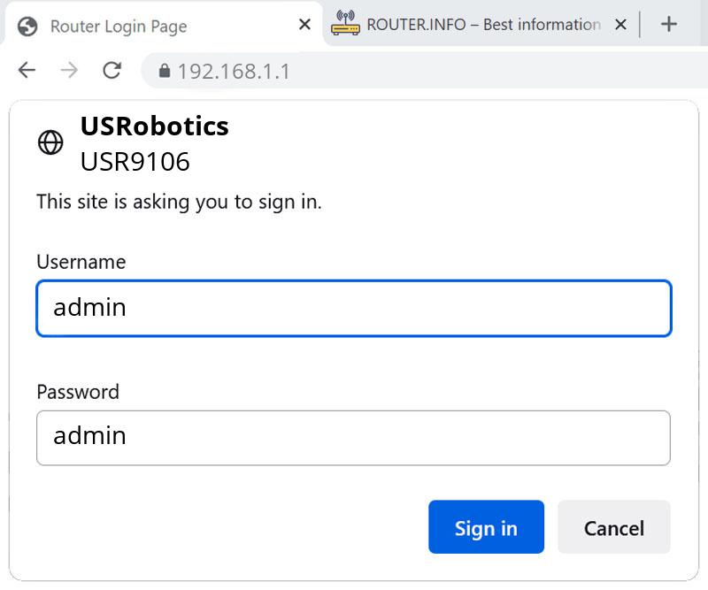 Admin login info (user and password) for USRobotics USR9106