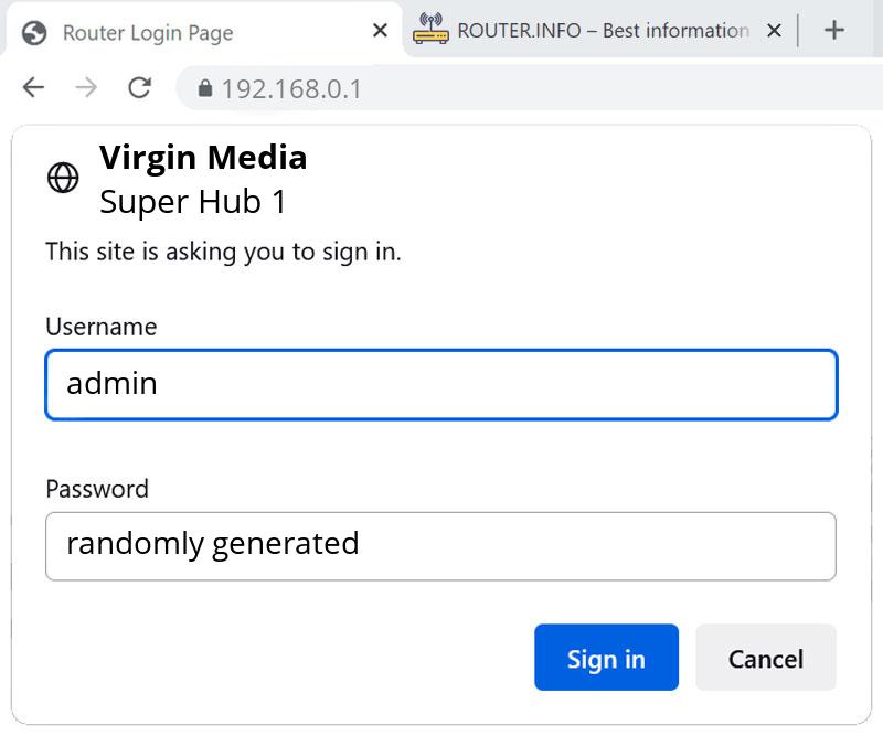 Admin login info (user and password) for Virgin Media Super Hub 1