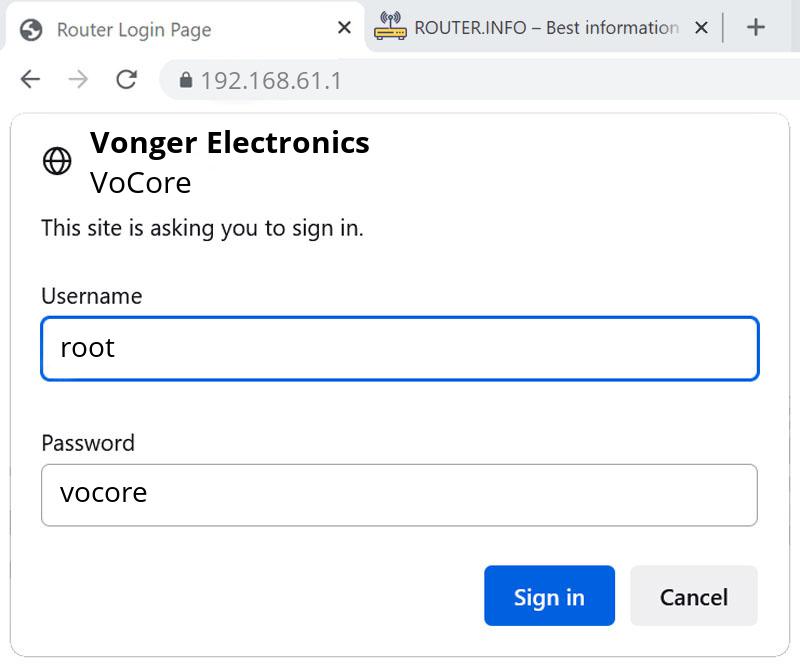 Admin login info (user and password) for Vonger Electronics VoCore