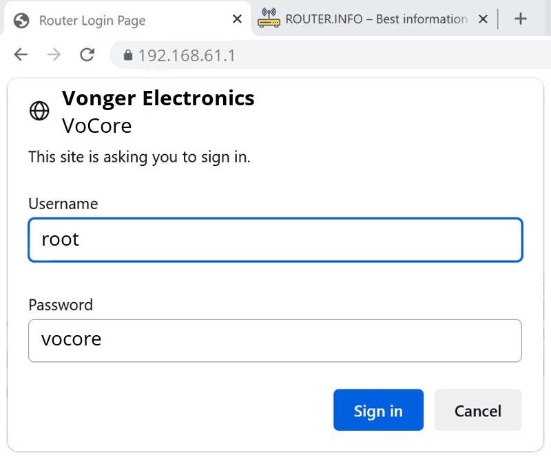 Admin login info (user and password) for Vonger Electronics VoCore