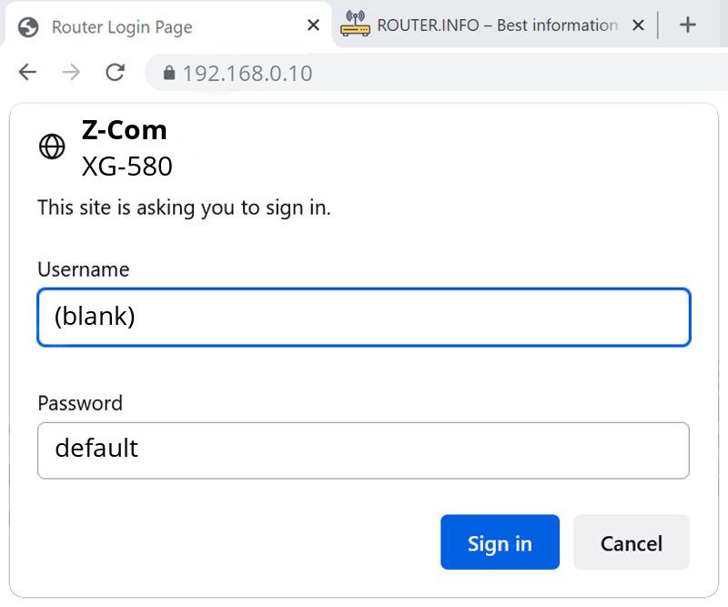 Admin login info (user and password) for Z-Com XG-580
