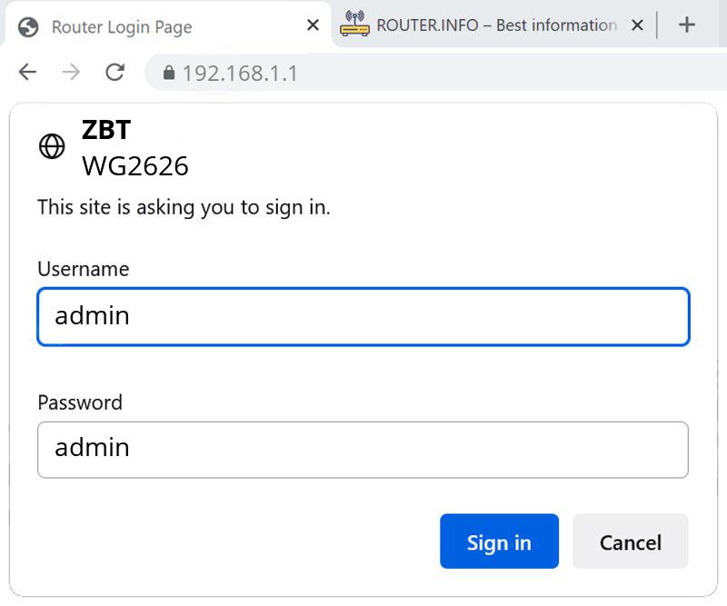 Admin login info (user and password) for ZBT WG2626