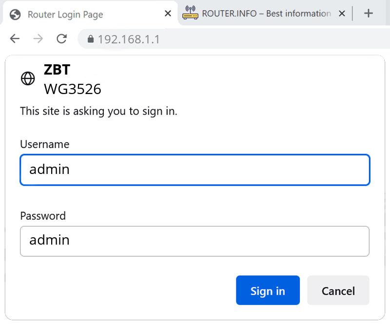 Admin login info (user and password) for ZBT WG3526