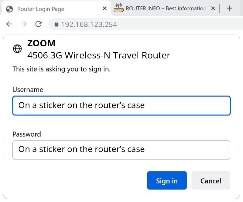 Admin login info (user and password) for Zoom 4506 3G Wireless-N Travel Router