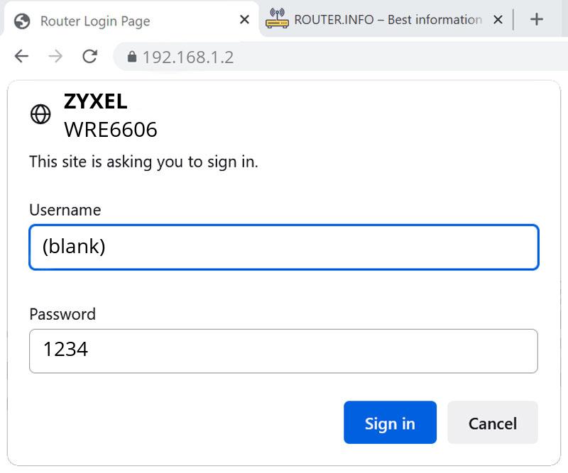 Admin login info (user and password) for ZyXEL WRE6606