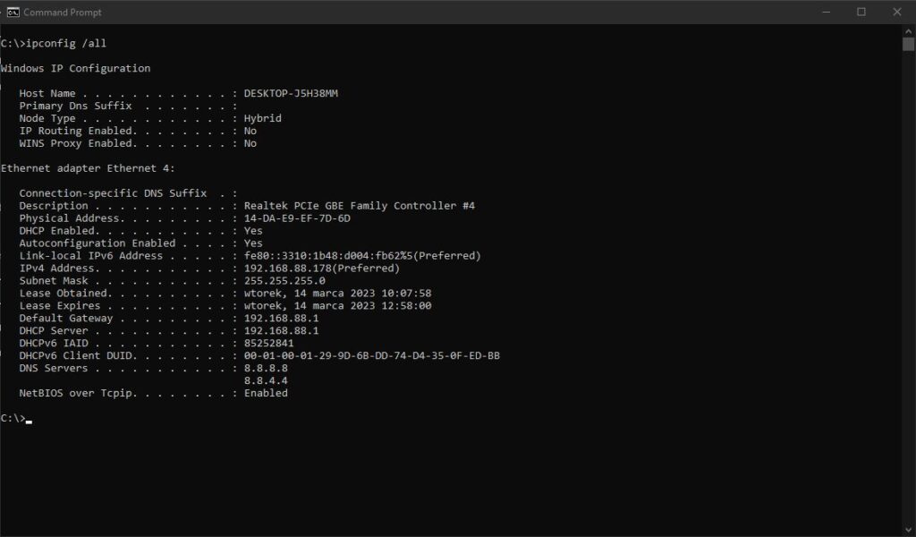 ipconfig all executed on Windows 11